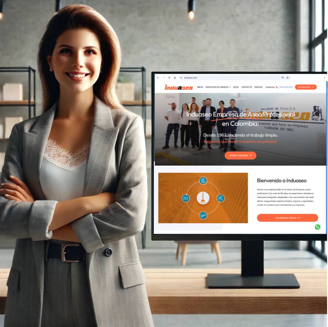 Mujer empresaria al lado de un computador mostrando su website. Agencia de diseño web